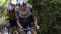 UAE Team Emirates XRG's Mexican rider Isaac Del Toro (C) and Team Visma-Lease a Bike's Belgian rider Wout Van Aert ride in a breakaway on a gravel section during the 9th stage of the 108th Giro d'Italia cycling race near Siena, on May 18, 2025. 
Luca Bettini / POOL / AFP