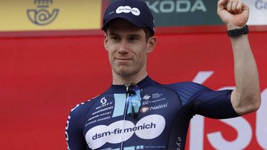 Team Dsm's Italian rider Alberto Dainese celebrates on the podium after winning the stage 19 of the 2023 La Vuelta cycling tour of Spain, a 177,1 km race between La Baneza and Iscar on September 15, 2023. 
OSCAR DEL POZO / AFP