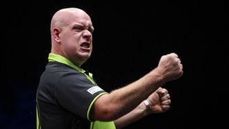 epa11619978 Michael van Gerwen of The Netherlands celebrates after he won against his compatriot, Gian van Veen in the final of the PDC European Tour Hungarian Darts Trophy in MVM Dome in Budapest, Hungary, 22 September 2024.  EPA/Robert Hegedus HUNGARY OUT