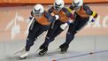 epa11159313 Joy Beune (L-R) Irene Schouten and Marijke Groenewoud of the Netherlands compete in the Women’s Team Pursuit event at the ISU World Speed Skating Single Distances Championships in Calgary, Canada, 16 February 2024.  EPA/TODD KOROL
