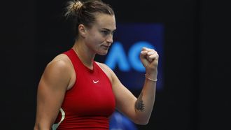 epa11088617 Aryna Sabalenka of Belarus reacts against Lesia Tsurenko of Ukraine during the Women's 3rd round match at the Australian Open tennis tournament in Melbourne, Australia, 19 January 2024. .  EPA/MAST IRHAM