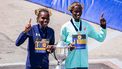 (L-R) Kenyan distance runners Sharon Lokedi and John Korir pose for pictures with the trophy after winning the women's and men's races, respectively, during the 129th Boston Marathon on April 21, 2025, in Boston, Massachusetts.  The marathon includes around 30,000 athletes from 129 countries running the 26.2 miles from Hopkinton to Boston, Massachusetts.  The event is the world's oldest annually run marathon. 
Joseph Prezioso / AFP