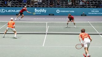 epa11597191 Sander Gille and Joran Vliegen of Belgium in action against Botic Van de Zandschulp and Wesley Koolhof of the Netherlands during the Davis Cup finals group A match between the Netherlands and Belgium at Unipol Arena in Casalecchio, Bologna, Italy, 10 September 2024.  EPA/ELISABETTA BARACCHI