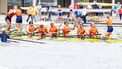 AMSTERDAM -  Finn Florijn, Jan van der Bij, Jorn Salverda, Mick Makker, Sander de Graaf, Pieter van Veen, Ralf Rienks, Wibout Rustenburg, stuur Jonna de Vries na afloop van de finale voor de mannen acht op de zevende en laatste dag van de wereldkampioenschappen roeien op de Bosbaan in het Amsterdamse Bos. IRIS VAN DEN BROEK / ANP