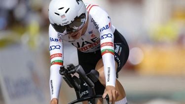 UAE Team Emirates team's Portuguese rider Joao Almeida cycles past the finish line of the 7th stage of the 111th edition of the Tour de France cycling race, 25,3 km individual time trial between Nuits-Saint-Georges and Gevrey-Chambertin, on July 5, 2024. 
Thomas SAMSON / AFP