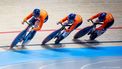 BALLERUP - Hetty van de Wouw, Kimberley Kalee en Steffie van der Peet  tijdens de kwalificatie team sprint op de eerste dag van het WK baanwielrennen in de Ballerup Super Arena. ANP IRIS VAN DEN BROEK