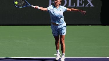 Netherland’s Demi Schuurs plays during the women’s doubles final match at the BNP Paribas Open at the Indian Wells Tennis Garden in Indian Wells, California on March 15, 2025. 
Patrick T. Fallon / AFP