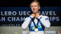 Dutch Lorena Wiebes celebrates on the podium of the women's elite race at the European Gravel cycling Championships, in Heverlee, on October 1, 2023. 
JASPER JACOBS / Belga / AFP