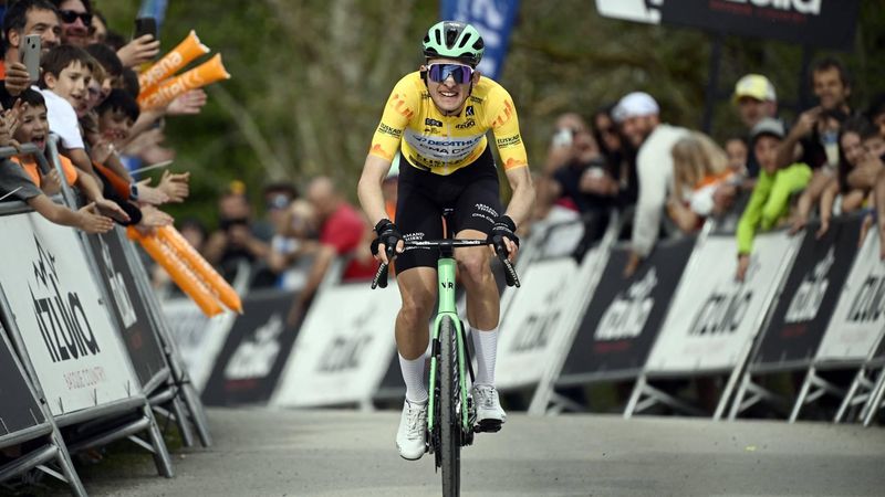 Current overall ranking leader Team Decathlon CMA CGM's French rider Paul Seixas crosses the finish line in first place after the second stage of the Basque Country's Itzulia cycling tour, a 164.1 km race between Pamplona and Mendukilo cave, near Astitz, on April 7, 2026.  French youngster Paul Seixas stretched his overall lead at the Tour of the Basque Country today after a powerful breakaway on the final main climb of the second stage.
ANDER GILLENEA / AFP