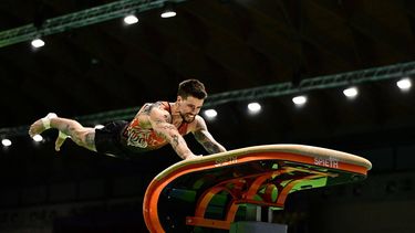 Netherlands' Casimir Schmidt competes in the Vault during the Men's Individual Apparatus Finals event at the Artistic Gymnastics European Championships, in Rimini, on the Adriatic coast, northeastern Italy, on April 27, 2024. 
GABRIEL BOUYS / AFP