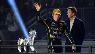 Red Bull Racing's Dutch driver Max Verstappen waves on the podium after winning the Las Vegas Formula One Grand Prix at the Las Vegas Strip Circuit in Las Vegas, Nevada, on November 22, 2025. 
Frederic J. Brown / AFP