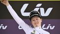 Fenix-Deceuninck team 's Dutch rider Puck Pieterse celebrates on the podium with the best young rider's white jersey after the 7th stage (out of 8) of the third edition of the Women's Tour de France cycling race, a 166.4 km between Champagnole and Le Grand-Bornand, on August 17, 2024.  
JULIEN DE ROSA / AFP