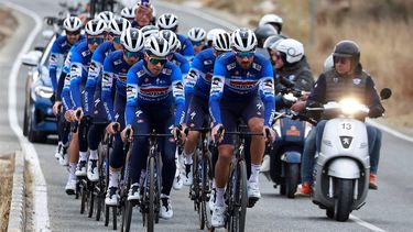 Team Soudal Quick-Step riders take part in a training ride as part of the 2024 team presentation, in Calpe, eastern Spain on January 9, 2024. 
JOSE JORDAN / AFP