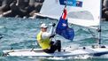 epa09384077 Matt Wearn of Australia celebrates after winning the Men's One Person Dinghy Laser during the Sailing events of the Tokyo 2020 Olympic Games in Enoshima, Japan, 01 August 2021.  EPA/OLIVIER HOSLET