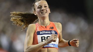 2023-09-08 21:47:30 Netherlands' Femke Bol reacts as she wins the Women 400m Hurdlers event of the Brussels IAAF Diamond League athletics meeting on September 8, 2023 at the King Baudouin stadium. 
JOHN THYS / AFP
