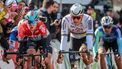 epa11291899 Dutch rider Mathieu van der Poel (R) of Alpecin - Deceuninck team takes the third place in the Liege-Bastogne-Liege cycling race over 254.5 km, in Liege, Belgium, 21 April 2024.  EPA/Olivier Hoslet