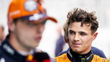 MONTMELO - Max Verstappen (Red Bull Racing) en Lando Norris (McLaren) na afloop van de kwalificatie voor de Grote Prijs van Spanje op het Circuit de Barcelona-Catalunya. ANP SEM VAN DER WAL