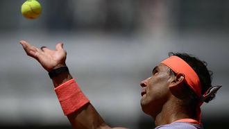 Spain's Rafael Nadal serves to Poland's Hubert Hurkacz during the Men's ATP Rome Open tennis tournament at Foro Italico in Rome on May 11, 2024.  
Filippo MONTEFORTE / AFP