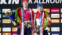 HEERENVEEN - Allround kampioenen Beau Snellink en Joy Beune op het podium tijdens de tweede dag van het Nederlandse kampioenschap allround schaatsen in Thialf. ANP VINCENT JANNINK