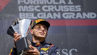 2023-07-30 16:41:08 SPA - Max Verstappen (Red Bull Racing) op het podium na het winnen van de Grote Prijs van Belgie op het Circuit de Spa-Francorchamps. ANP SEM VAN DER WAL