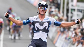 Movistar Team rider Javier Romo Oliver from Spain reacts after winning the men's stage 3 of the Tour Down Under cycling race in Adelaide on January 23, 2025. 
Brenton Edwards / AFP