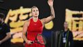 epa11076146 Aryna Sabalenka of Belarus celebrates her first round win against Germany's Ella Seidel on Day 1 of the 2024 Australian Open at Melbourne Park in Melbourne, Australia, 14 January 2024.  EPA/LUKAS COCH AUSTRALIA AND NEW ZEALAND OUT