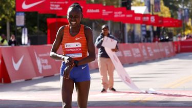 Kenya's Ruth Chepngetich reacts after crossing the finish line to place first in the women's division of the 2022 Bank of America Chicago Marathon in Chicago, Illinois, on October 9, 2022. 
KAMIL KRZACZYNSKI / AFP
