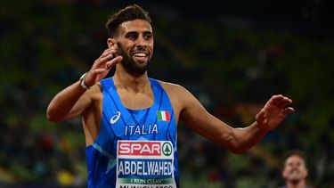 Italy's Ahmed Abdelwahed celebrates winning the silver medal in the men's 3000m Steeplechase final during the European Athletics Championships at the Olympic Stadium in Munich, southern Germany on August 19, 2022. 
INA FASSBENDER / AFP