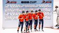 DORDRECHT - (l-r) Diede van Oorschot (NED), Zoe Deltrap (NED), Xandra Velzeboer (NED), Michelle Velzeboer (NED), Selma Poutsma (NED) vieren de winst na de finale van de 3000 meter relay op dag 3 van de vierde ISU World Tour-wedstrijd shorttrack van dit seizoen. De wedstrijd is het kwalificatietoernooi voor de Olympische Spelen. ANP SEM VAN DER WAL
