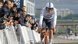 epa11172804 Welsh cyclist Joshua Tarling of Ineos Grenadiers Team crosses the finish line during the first stage of the 3rd Gran Camino cycling race, an individual time trial of 14.8 km, in A Coruna, Galicia, northwest Spain, 22 February 2024.  EPA/Cabalar