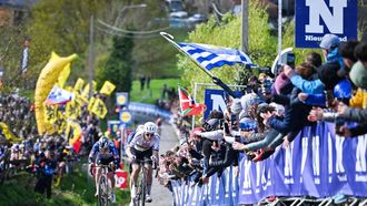 UAE Team Emirates' Slovenian rider Tadej Pogacar cycles in the men's race of the 'Ronde van Vlaanderen/ Tour des Flandres/ Tour of Flanders' UCI WorldTour one day cycling race, 278 km from Antwerp to Oudenaarde, in Haaltert on April 5, 2026. 
ELIAS ROM / Belga / AFP