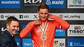 Third-placed Netherlands' Mathieu van der Poel celebrates during the podium ceremony of the men's Elite Road Race cycling event as part of the UCI 2024 Road World Championships, in Zurich, on September 29, 2024. 
Fabrice COFFRINI / AFP