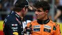 Red Bull Racing's Dutch driver Max Verstappen (L) speaks with McLaren's British driver Lando Norris, who placed third, after winning the United States Formula One Sprint at the Circuit of the Americas in Austin, Texas, on October 19, 2024. 
ANGELA WEISS / AFP