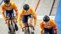 APELDOORN - Jeffrey Hoogland, Harrie Lavreysen en Roy van den Berg tijdens een training in Omnisport Apeldoorn. De Nederlandse sprintselectie traint in aanloop naar het WK baanwielrennen. KOEN VAN WEEL / ANP
