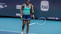 epa11986021 Coco Gauff of the US throws her racket to the ground as she plays against Magda Linette of Poland during their Women’s Singles round of 32 tennis match at the 2025 Miami Open tennis tournament, in Miami, Florida, USA, 24 March 2025.  EPA/CRISTOBAL HERRERA-ULASHKEVICH