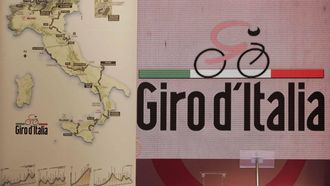 epa01188633 The logo and map of the 91st edition of Giro d'Italia cycling competition are presented in Milan, Italy, 01 December 2007. The race will start on 10 May 2008 and end in Milan on 01 June 2008 with a distance of 3.423 km.  EPA/JENNIFER LORENZINI