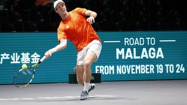 epa11600325 Botic van de Zandschulp of the Netherlands  in action during his match against Joao Fonseca of Brazil during their match in the Davis Cup Group Stage Finals between the Netherlands and Brazil in Bologna, Italy, 12 September 2024.  EPA/ELISABETTA BARACCHI