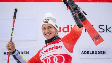 Winner Switzerland’s Marco Odermatt reacts during the podium ceremony of the Men's Giant Slalom event during the FIS Alpine Ski World Cup event in Adelboden, Switzerland, on January 6, 2024. 
Fabrice COFFRINI / AFP