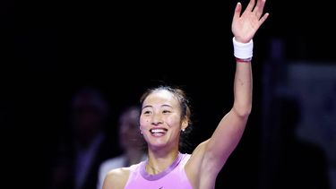 China's Zheng Qinwen reacts after winning against Italy's Jasmine Paolini during their women's singles tennis match at the WTA Finals Championship in Riyadh on November 6, 2024. 
Fayez NURELDINE / AFP