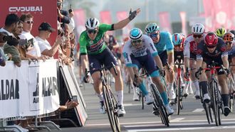 Soudal Quick–Step's Belgian cyclist Tim Merlier gestures as he wins stage 6 of the 6th UAE Cycling Tour from the Louvre Abu Dhabi to Abu Dhabi Breakwater on February 24, 2024. 
Giuseppe CACACE / AFP