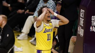 epa12048041 Los Angeles Lakers center Jaxson Hayes reacts to a call made by the referee during the fourth quarter of the first round playoff game between the Minnesota Timberwolves and Los Angeles Lakers in Los Angeles, California, USA, 22 April 2025.  EPA/CAROLINE BREHMAN SHUTTERSTOCK OUT