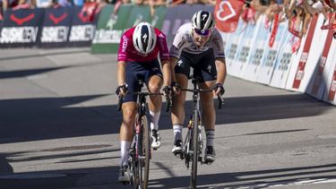 epa11591180 Demi Vollering, Left, from the Netherlands of Team SD Worx, wins the stage past Lotte Kopecky, right, from Belgium of Team SD Worx, during the second stage, a 101,9 km race between Chippis and Vercorin at the 3rd Tour de Romandie Feminin UCI Women's World Tour cycling race in Vercorin, Switzerland, 07 September 2024.  EPA/JEAN-CHRISTOPHE BOTT