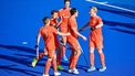 Netherlands' Pepijn van der Heijdan (2nd R) celebrates his goal with teammates during the men's field hockey match between the Netherlands and Spain in the FIH Hockey Pro League in Sydney on February 7, 2025. 
Izhar KHAN / AFP