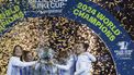 epa11731690 Players of Italy celebrate with the trophy after winning against Slovakia in the final of the Billie Jean King Cup, in Malaga, Spain, 20 November 2024.  EPA/JORGE ZAPATA