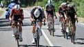 epa12241310 Belgian rider Wout Van Aert (R) of Team Visma-Lease a Bike and Dutch rider Mathieu Van Der Poel (C) of Alpecin - Deceuninck team in action during the 11th stage of the Tour de France cycling race over 156.8km around Toulouse, France, 16 July 2025.  EPA/CHRISTOPHE PETIT TESSON