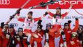 epa11032165 Second placed Joana Haehlen (CL) of Switzerland and winner Jasmine Flury (CR) of Switzerland celebrate with their team after the Women's Downhill race at the FIS Alpine Skiing World Cup in Val d'Isere, France, 16 December 2023.  EPA/GUILLAUME HORCAJUELO