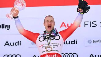 First place Switzerland's Marco Odermatt celebrates on the podium after the men's downhill was cancelled during the 2025 FIS Alpine World Cup Finals at Sun Valley Resort in Sun Valley, Idaho, on March 22, 2025. The Sun Valley downhill race was called off on March 22 due to poor weather.
Patrick T. Fallon / AFP