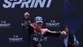 Aprilia Spanish rider Aleix Espargaro celebrates on the podium after winning the MotoGP Sprint Race of the Moto Grand Prix of Catalonia at the Circuit de Catalunya on May 25, 2024 in Montmelo on the outskirts of Barcelona. 
LLUIS GENE / AFP