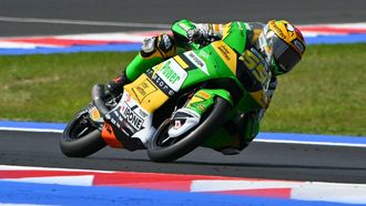 CIP Green Power team's Swiss Moto3 rider Noah Dettwiler corners during the Qualifying session for the Moto3 race as part of the San Marino Moto GP at the Misano World Circuit Marco Simoncelli, in Misano Adriatico, northern Italy, on September 13, 2025.  
Andreas SOLARO / AFP