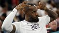 epa11531903 LeBron James of the US makes a crown gesture during the men's quarterfinal match between Brazil and USA in the Basketball competitions in the Paris 2024 Olympic Games, at the South Paris Arena in Paris, France, 06 August 2024.  EPA/CAROLINE BREHMAN